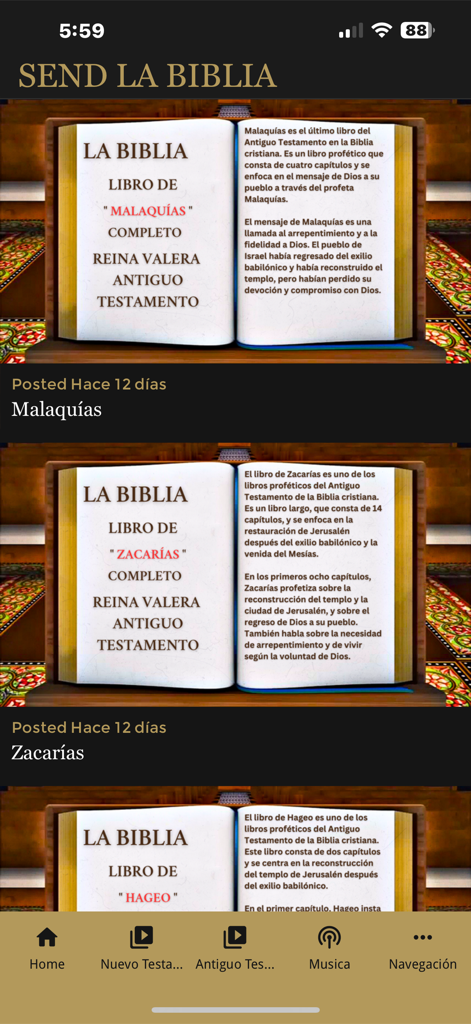 SEND LA BIBLIA - Interface of Send La Biblia app showing a list of Old Testament books with descriptions in Spanish
