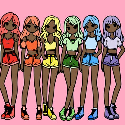 a group of girls wearing crop tops and shorts