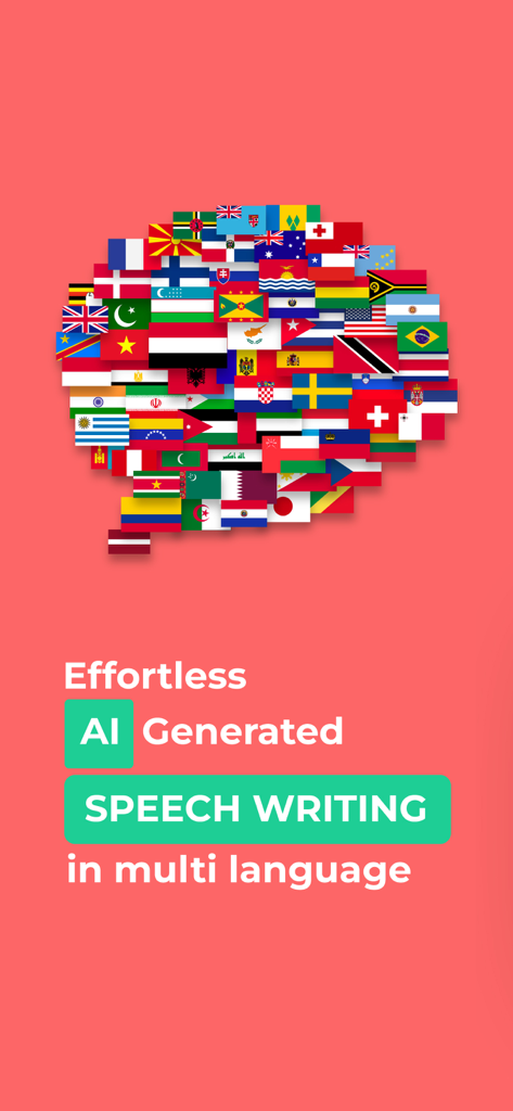 Speech AI - AI Essay Writer - Escritura de discursos generada por IA sin esfuerzo en varios idiomas que se muestra con una burbuja de diálogo llena de banderas