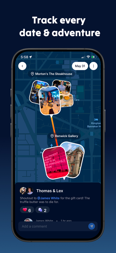 Lovedove: Relationship Builder - Lovedove app interface showing a map tracking dates and adventures with photos and social comments.