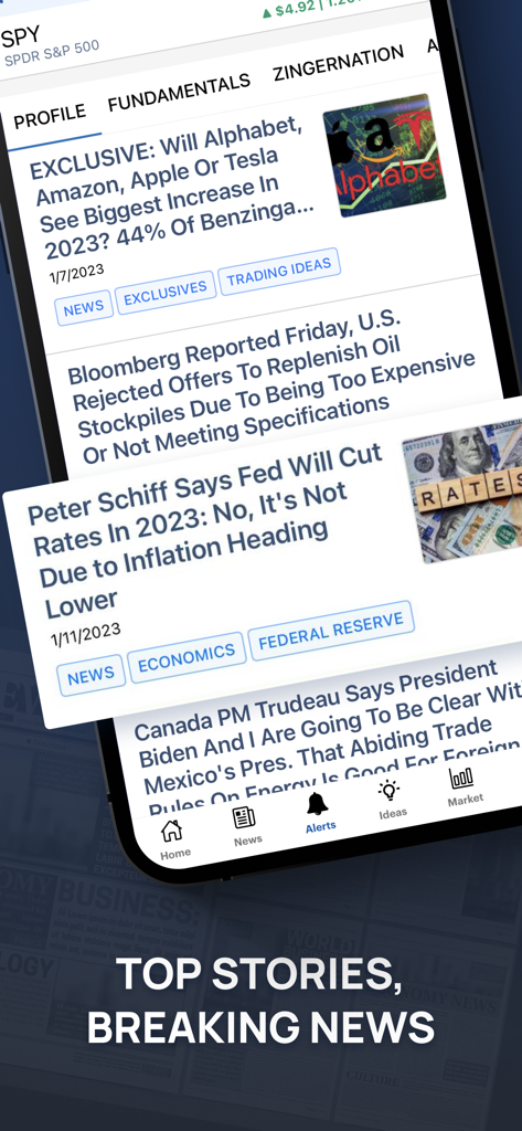 Benzinga app interface displaying top stories and breaking financial news headlines for stock market traders