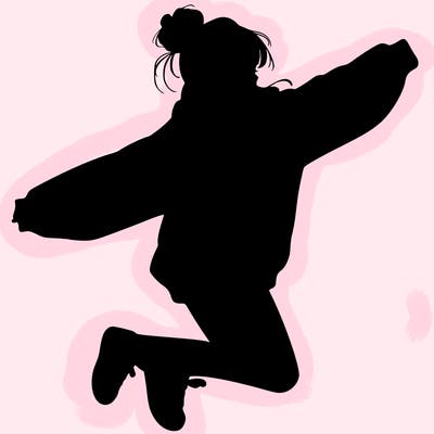 realistic girl jumping with a bun and oversized sweatshirt