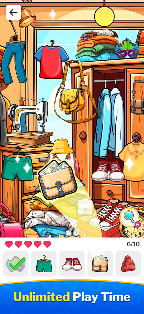 Colorful hidden object puzzle scene featuring a cluttered closet and the text Unlimited Play Time