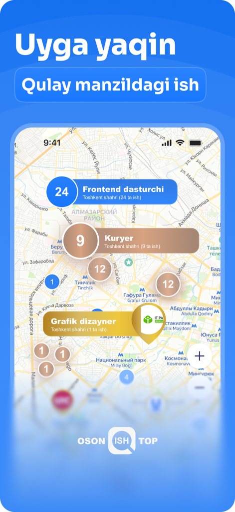 Oson Ish Top - A mobile app screenshot showing a map interface with job pins for vacancies like courier and graphic designer in the Uzbek language.