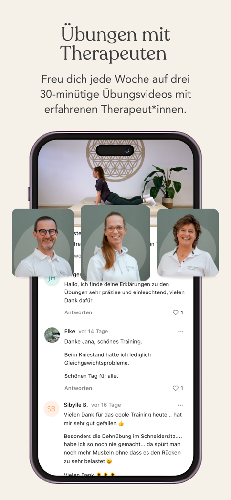 Liebscher & Bracht App - 사용자 리뷰 및 댓글과 함께 치료사가 이끄는 운동 동영상을 보여주는 모바일 앱 인터페이스