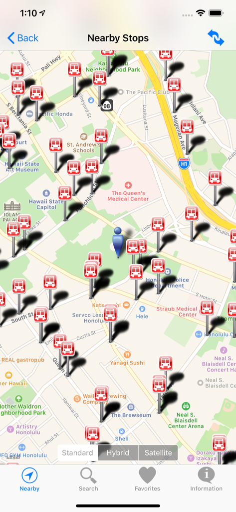Nearby bus stops on a map of Honolulu in the DaBus2 mobile app