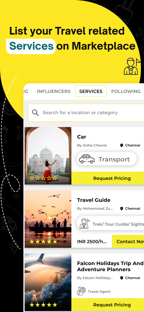 Travel Buddy app interface showing a marketplace for local travel services including car transport and tour guides