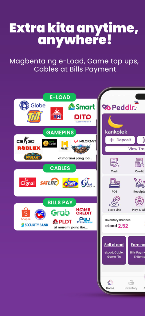 Interfaz de la aplicación Peddlr que muestra opciones para vender recargas móviles, pines de juegos y pagar facturas para obtener ingresos adicionales.