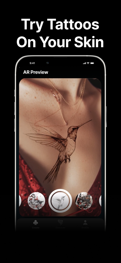 Ink AI: Tattoo Generator - Ink AI app showing an AR preview of a hummingbird tattoo on a person's chest