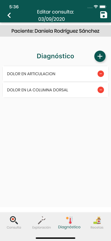Interfaz de la aplicación móvil Salutis Medical Software mostrando una lista de diagnósticos de pacientes para dolor articular y de espalda.
