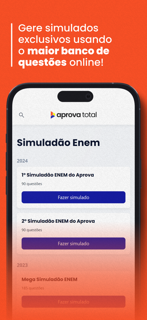 Tela do aplicativo móvel Aprova Total exibindo opções de simulados do ENEM