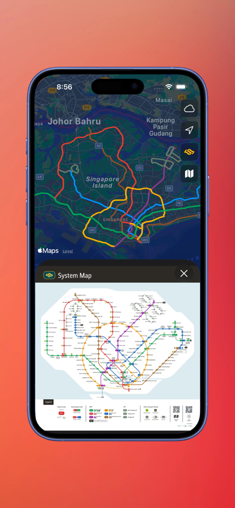 Arriving: SG Bus Timing - Singapore MRT system map displayed over a transit map in the Arriving app interface