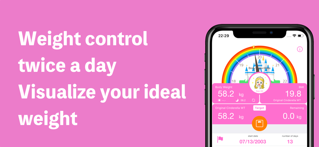 Weight measurement of princess - Interfaz de la aplicación móvil para el seguimiento de peso con tema de princesa y medidor de IMC arcoíris