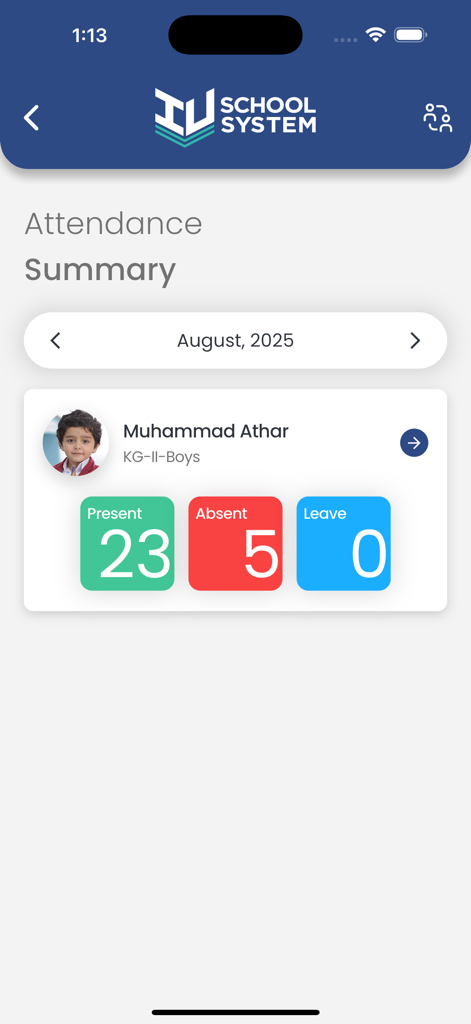 IU School System - Attendance summary screen in the IU School System app showing monthly presence and absence statistics for a student.