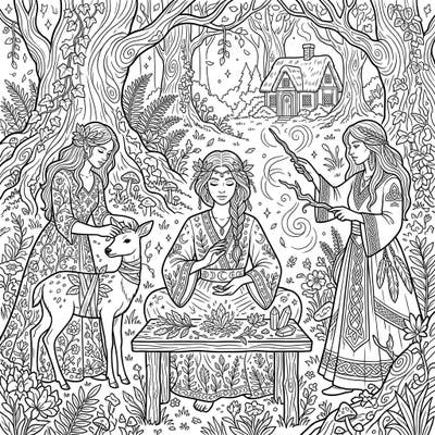 Step into a world of benevolent magic with this exquisite White Witches adult coloring page, designed for relaxation and creative expression. Immerse yourself in a mystical forest setting, brimming with intricate details and serene natural elements waiting for your personal touch.