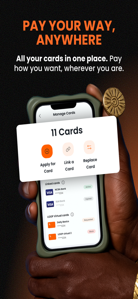 A hand holding a smartphone displaying the LOOP app card management screen with options to link bank cards and manage virtual cards.