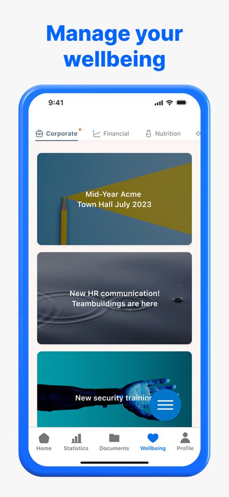 CloudPay - Sección de bienestar de la aplicación CloudPay con noticias corporativas y formación para empleados