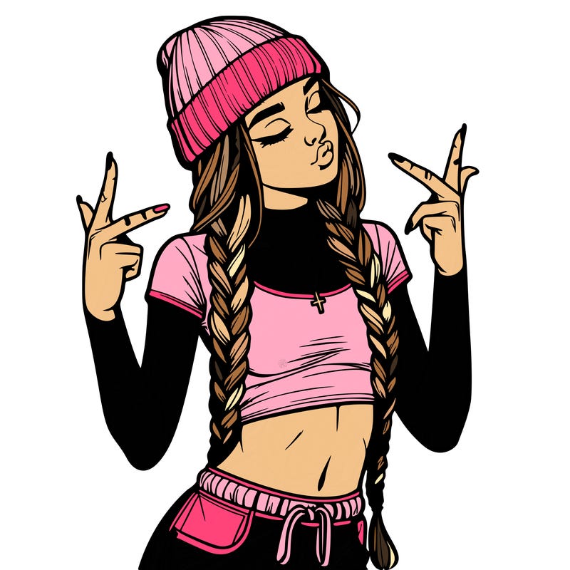realistic teenage girl with braids and a beanie and crop top doing 🫶🏼