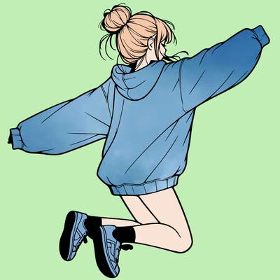 realistic girl jumping with a bun and oversized sweatshirt