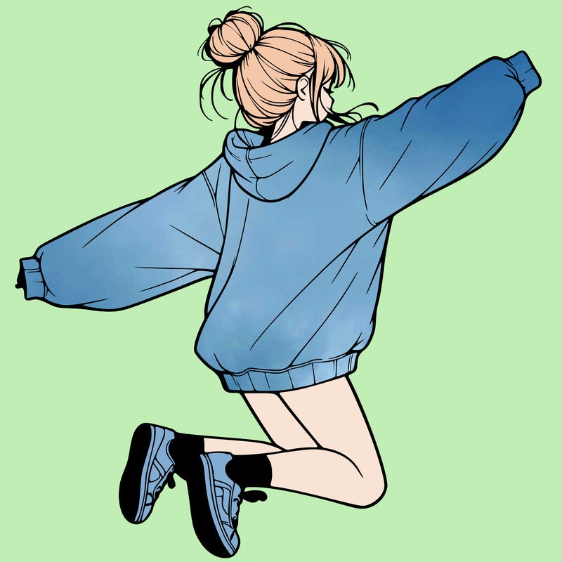 realistic girl jumping with a bun and oversized sweatshirt