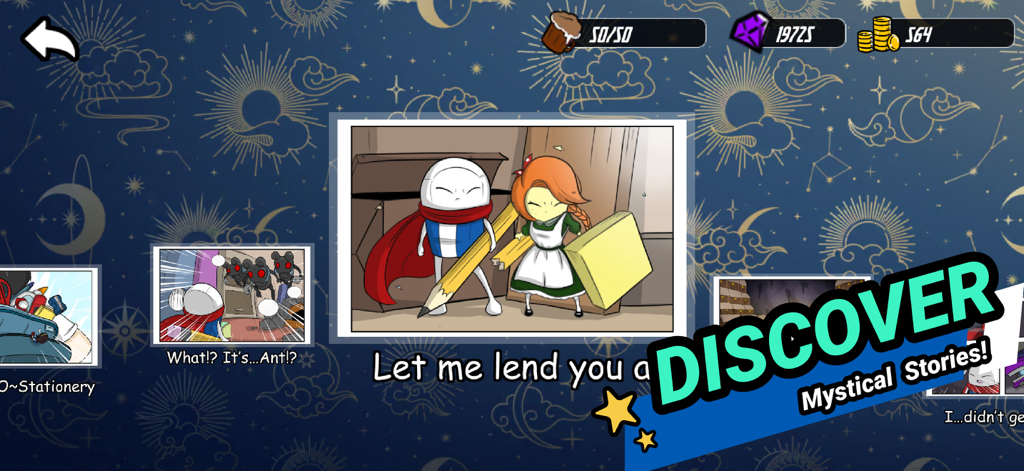 A comic-style narrative scene from Stationery Heroes showcasing characters and mystical stories.
