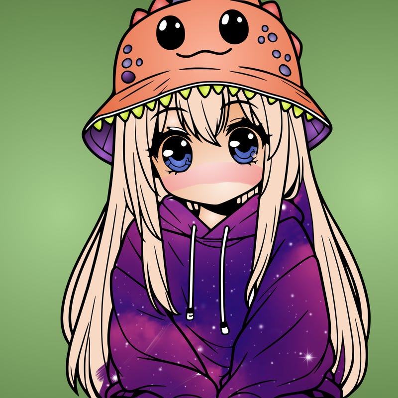 girl with anime shaped eyes with a dinosaur bucket hat oversized sweatshirt long straight hair