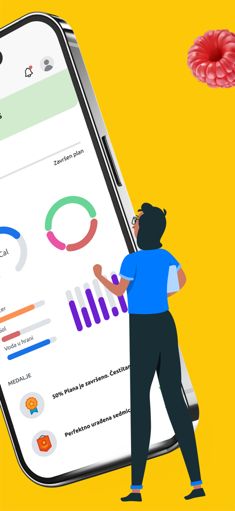 Nutri - Smartphone mostrando el panel de la aplicación Nutri con gráficos de progreso de nutrición y medallas de logros.