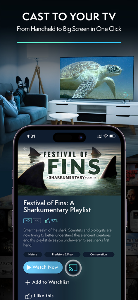 MagellanTV Documentaries - Una persona transmitiendo un documental de naturaleza desde la aplicación móvil MagellanTV a un televisor de pantalla grande