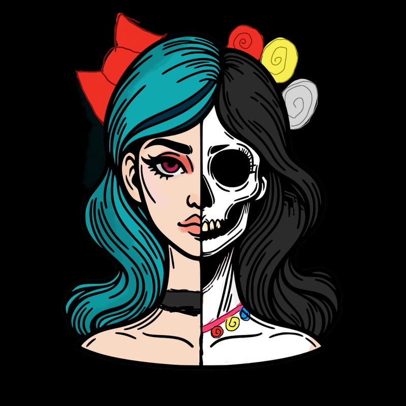 bust of a woman, half face and hair, half skull