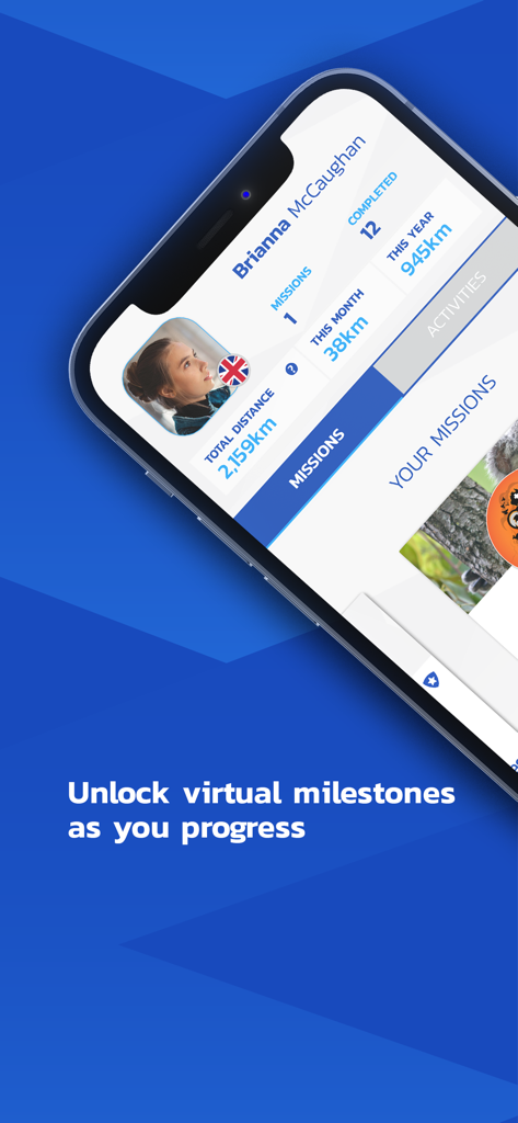 User profile interface of My Virtual Mission app displaying distance statistics and fitness milestones