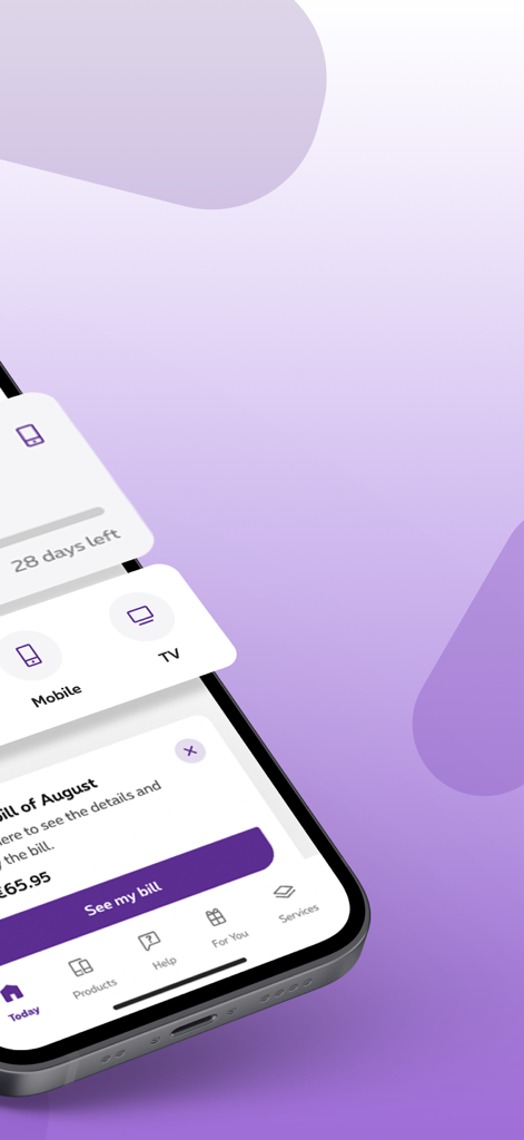 Proximus plus app screen showing monthly bill and services menu
