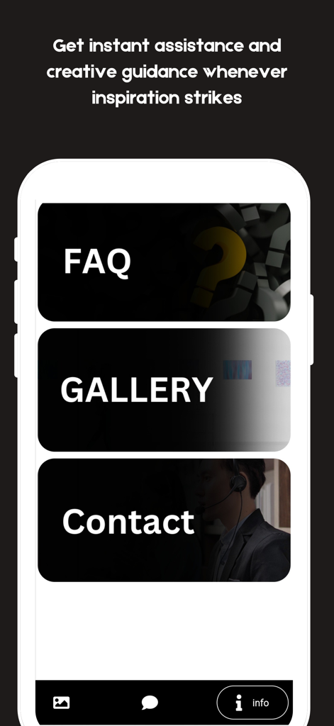 Pantalla de soporte de la aplicación Gamma AI PPT con botones de Galería de Preguntas Frecuentes y Contacto