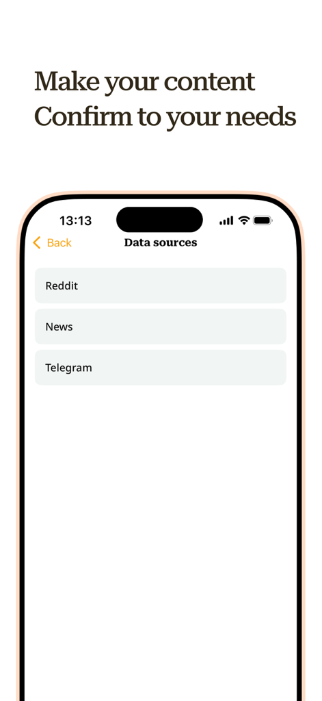 Two-Times - Two-Times app screen for selecting content data sources like Reddit News and Telegram