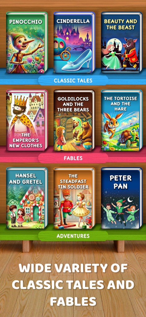 Learn to Read: Early Readers - Digital library shelf showing classic children stories like Pinocchio Cinderella and Peter Pan