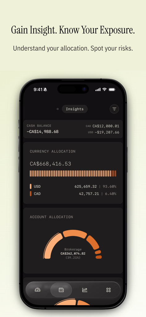 Wealthfolio: Private Finance - Painel do aplicativo móvel Wealthfolio exibindo insights de alocação de moeda e conta para rastreamento de investimentos privados.