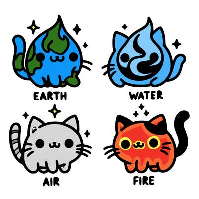 4 cats that represent the different elements, earth, water, air, and fire