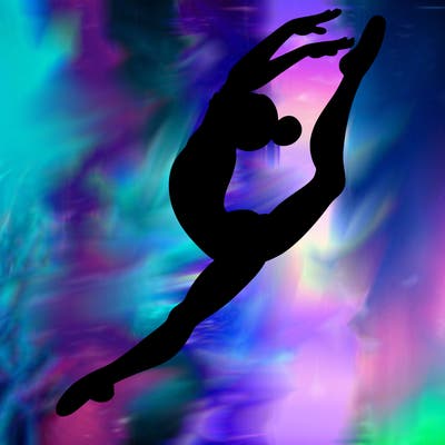 gymnast doing a leap in a leotard with a bent back leg