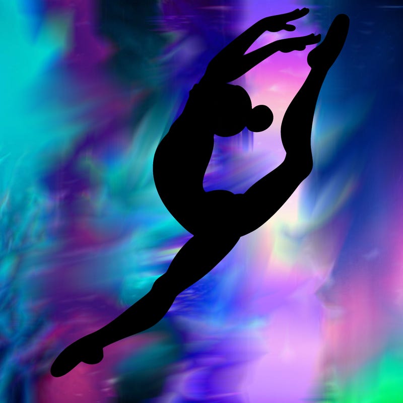 gymnast doing a leap in a leotard with a bent back leg