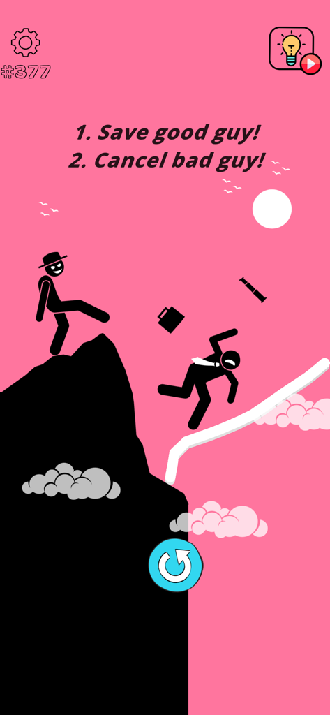 Brain Wash - Puzzle Mind Game - Gameplay screenshot of Brain Wash puzzle level 377 showing stickman silhouettes on a pink background with the prompt to save the good guy