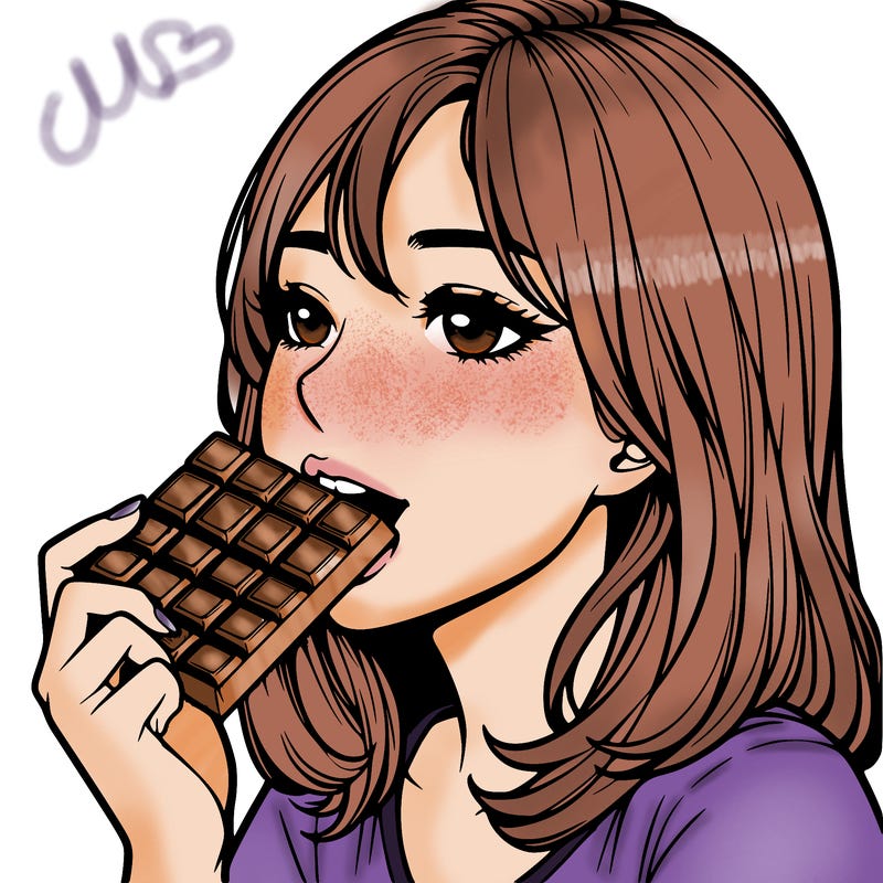 realistic girl, eating chocolate