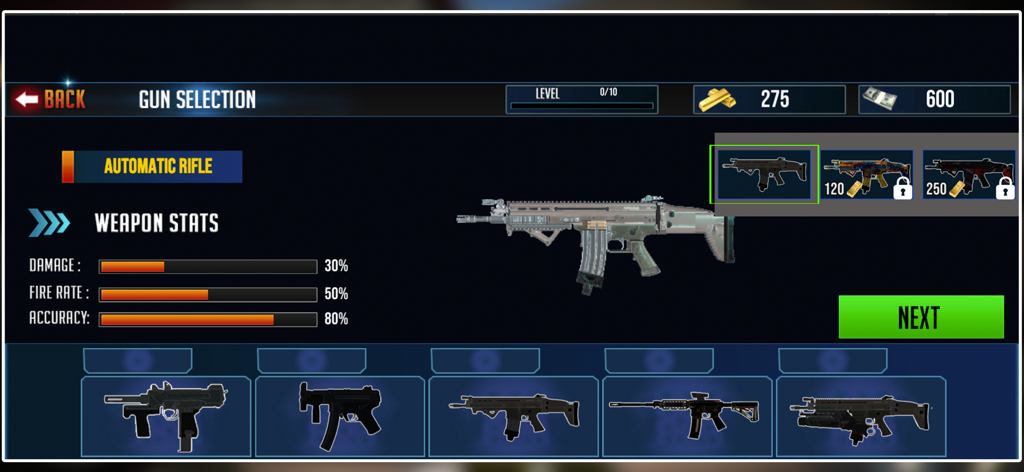 Fps Commando Cover Strike Game - Weapon selection screen in FPS Commando Cover Strike showing rifle stats and available guns