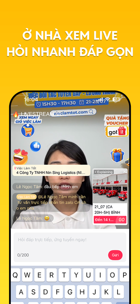 Pantalla móvil mostrando la función de transmisión en vivo de la app Chợ Tốt para reclutamiento con chat interactivo y preguntas y respuestas en tiempo real.
