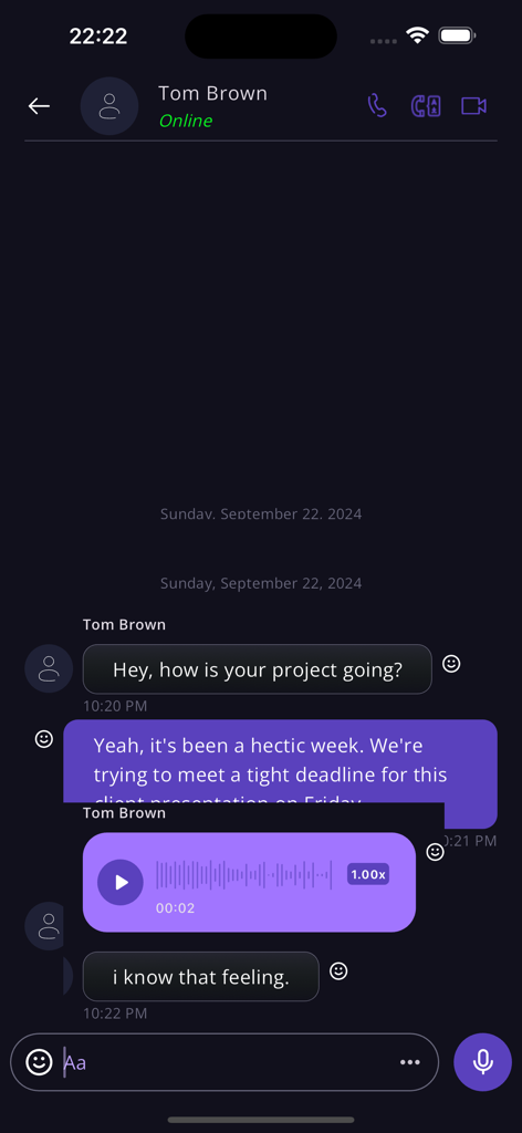 U-COM - A screenshot of the U-COM app showing a chat conversation with text and voice messages in a dark-themed interface