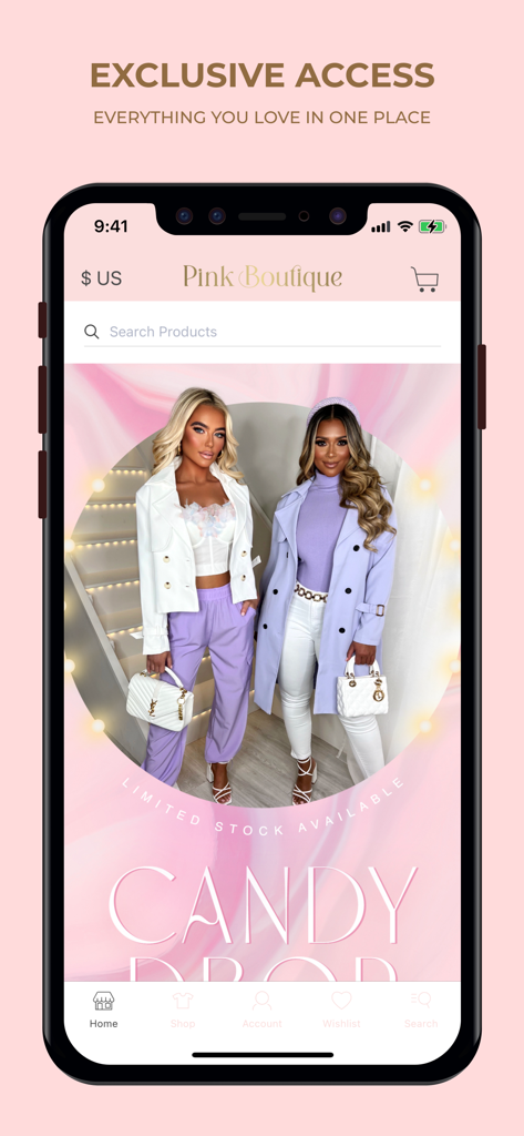 Pink Boutique - Pink Boutique mobile app homepage showing the Candy Drop collection with two models in glam outfits.