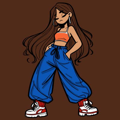 girl in baggy pants crop top and long hair
