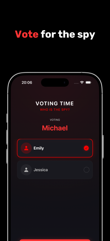Imposter: Spy Party Game - A mobile screen showing the voting phase of Imposter Spy Party Game with players Emily and Jessica listed as options.