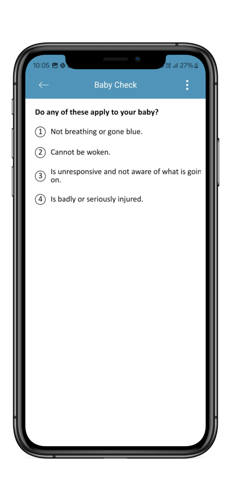 The Lullaby Trust Baby Check - A screen from the Baby Check app listing critical emergency symptoms for infant triage