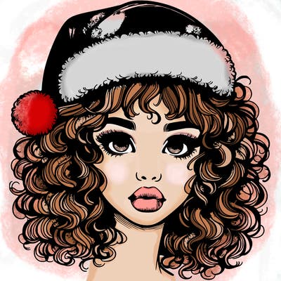 realistic girl with a santa hat curly hair and lips
