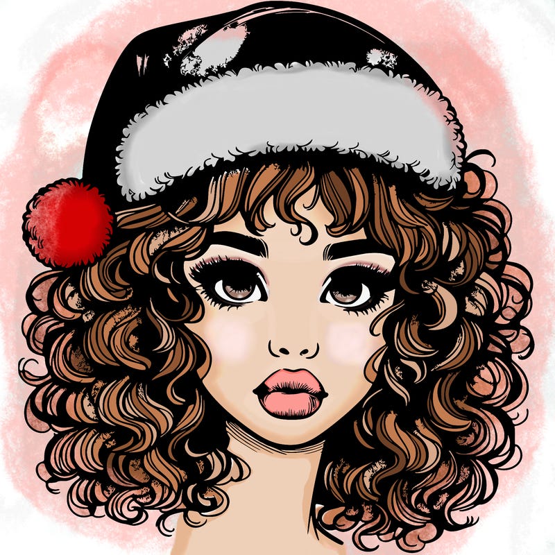 realistic girl with a santa hat curly hair and lips