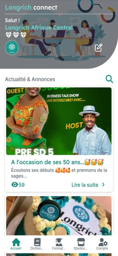 Longrich connect PRO - Longrich Connect PRO app interface showing the news and announcements feed